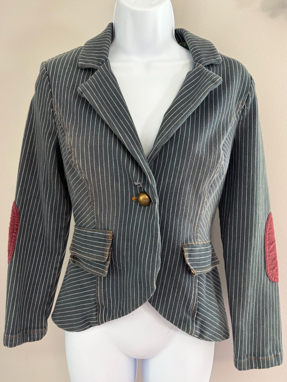 Aratta Silent Journey- Blue  Pinstripe Blazer with Red Velvet Elbow Patches